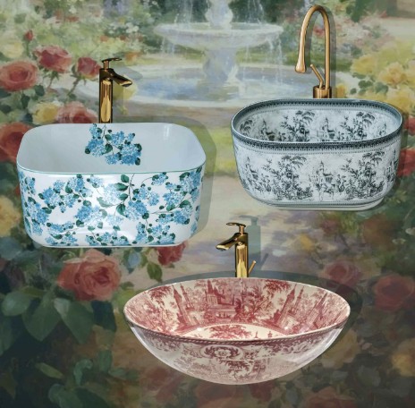 Three ceramic washbasins with blue hydrangeas, black toile and red transferware patterns and brass taps